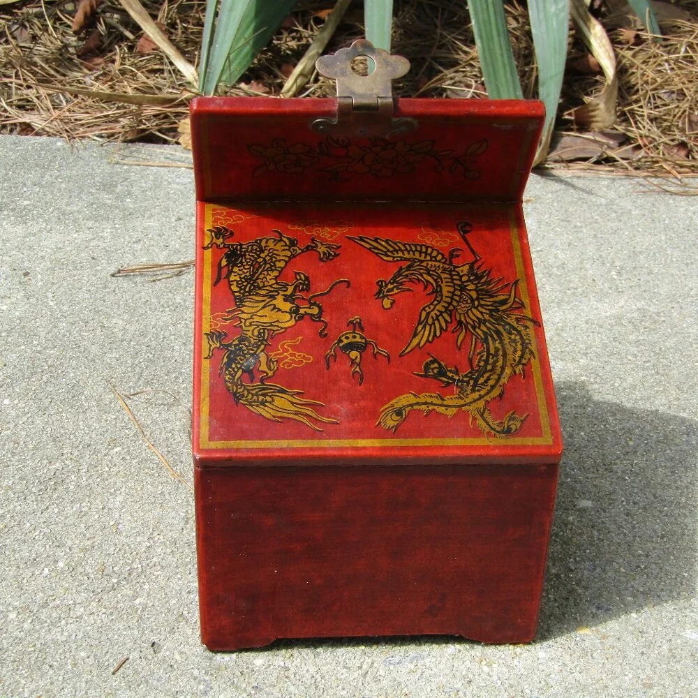 Vintage Chinese Red Lacquer Vanity Jewelry Box with Mirror & Dragon Motif